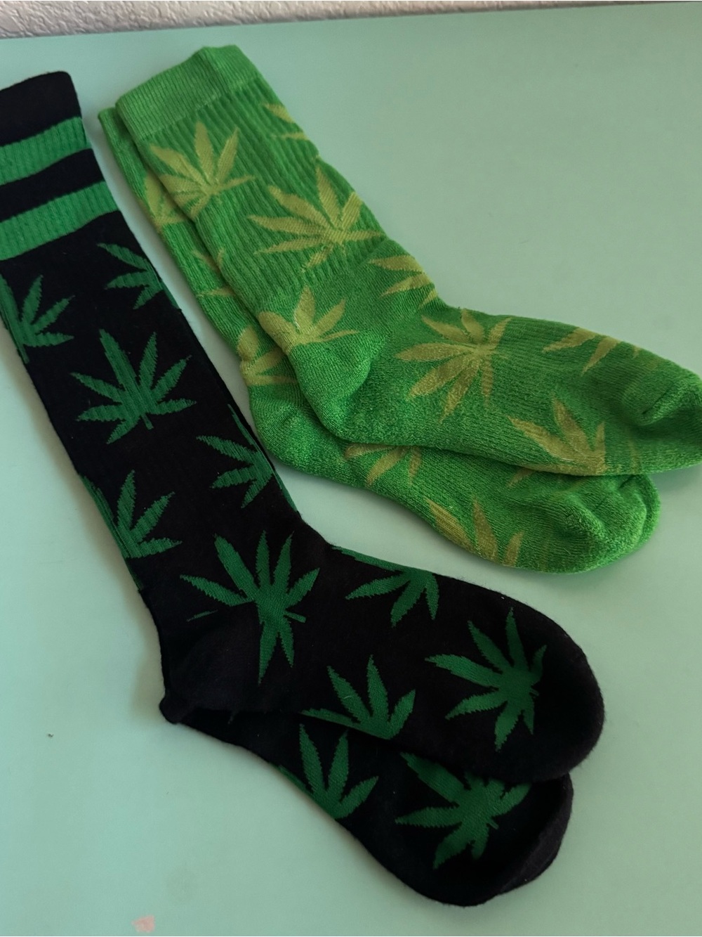 Black & Green Patterned Crew & Knee Socks - Leaf Flower Print 2 pair